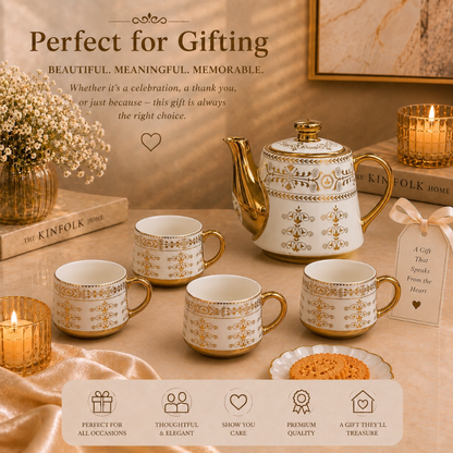 Luxora Gold Handle Ceramic Tea Set — Neoclassical Band Kettle & 4 Cups