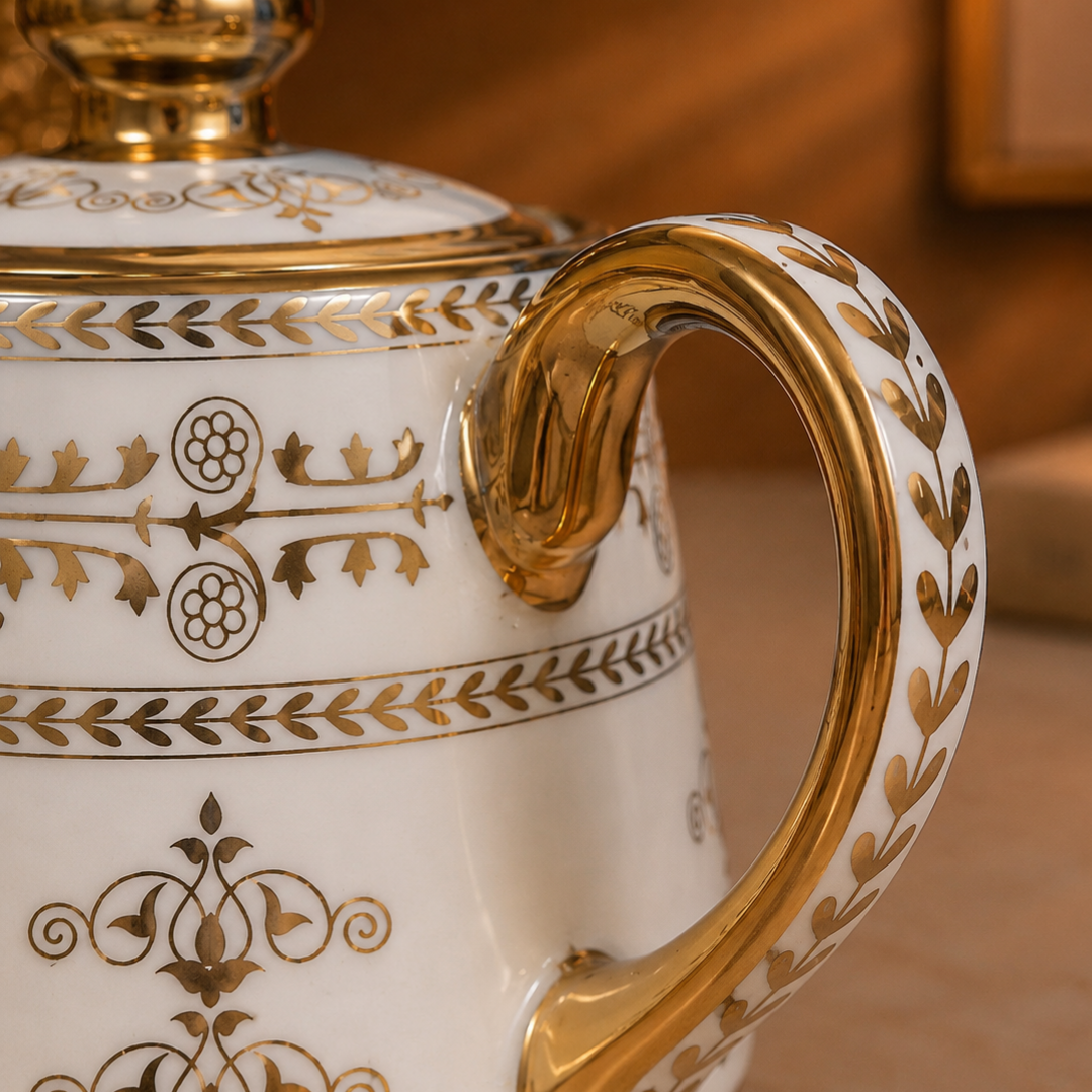 Luxora Gold Handle Ceramic Tea Set — Neoclassical Band Kettle & 4 Cups