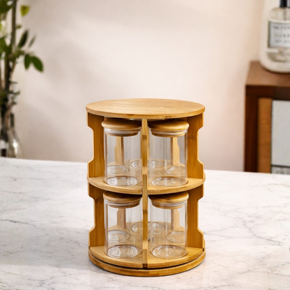 Storage Jars with Rotating Bamboo Wood Stand Set of 10