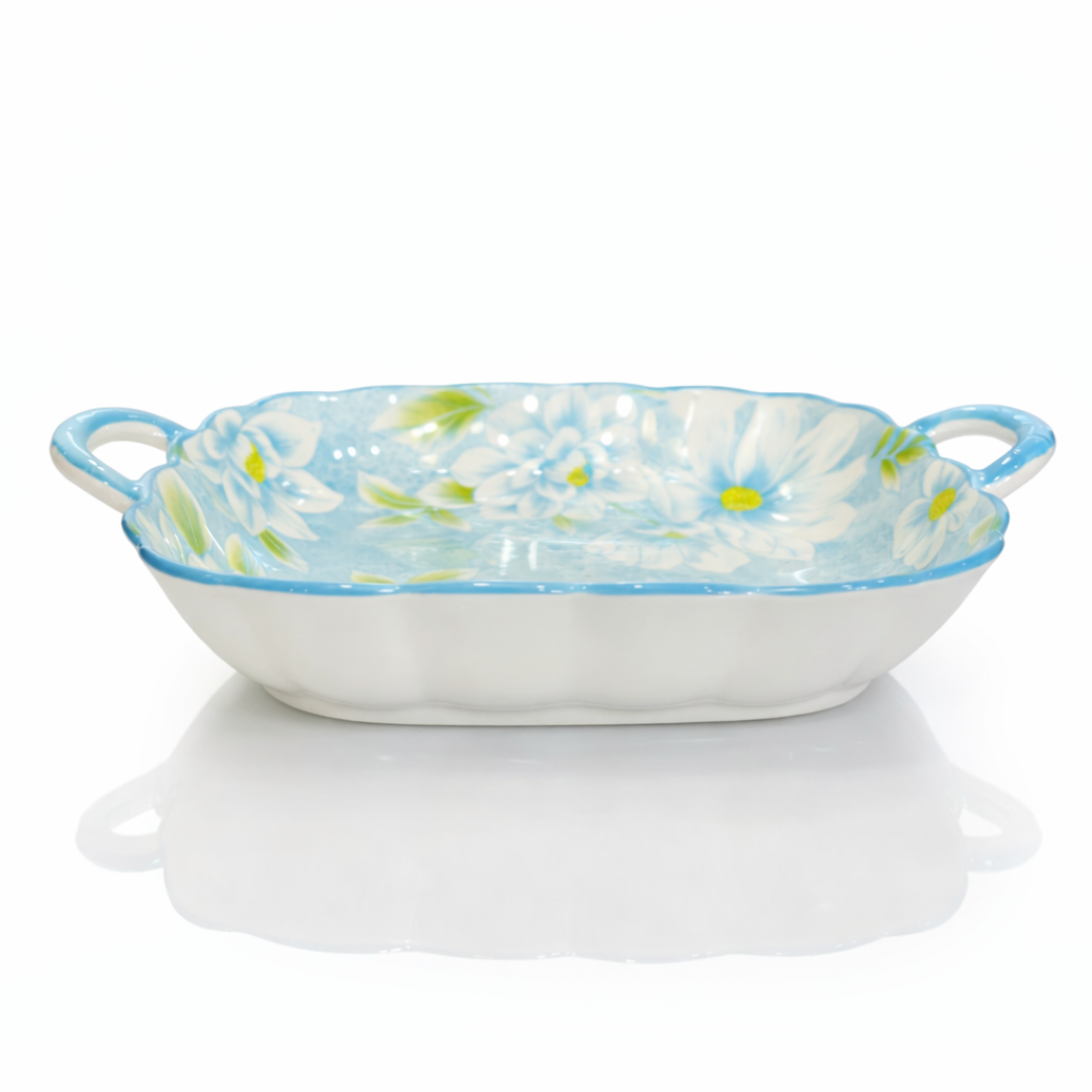 Blue Floral Ceramic Snack & Serving Platter with Handles Set of 2