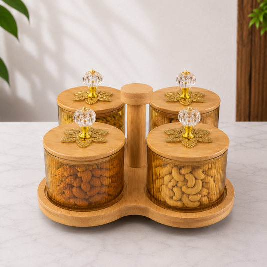Borosilicate Glass Jar Set of 4 with 360° Revolving Bamboo Tray – Airtight Ribbed Glass Storage Jars, Crystal Knob Lid, 500ml Each
