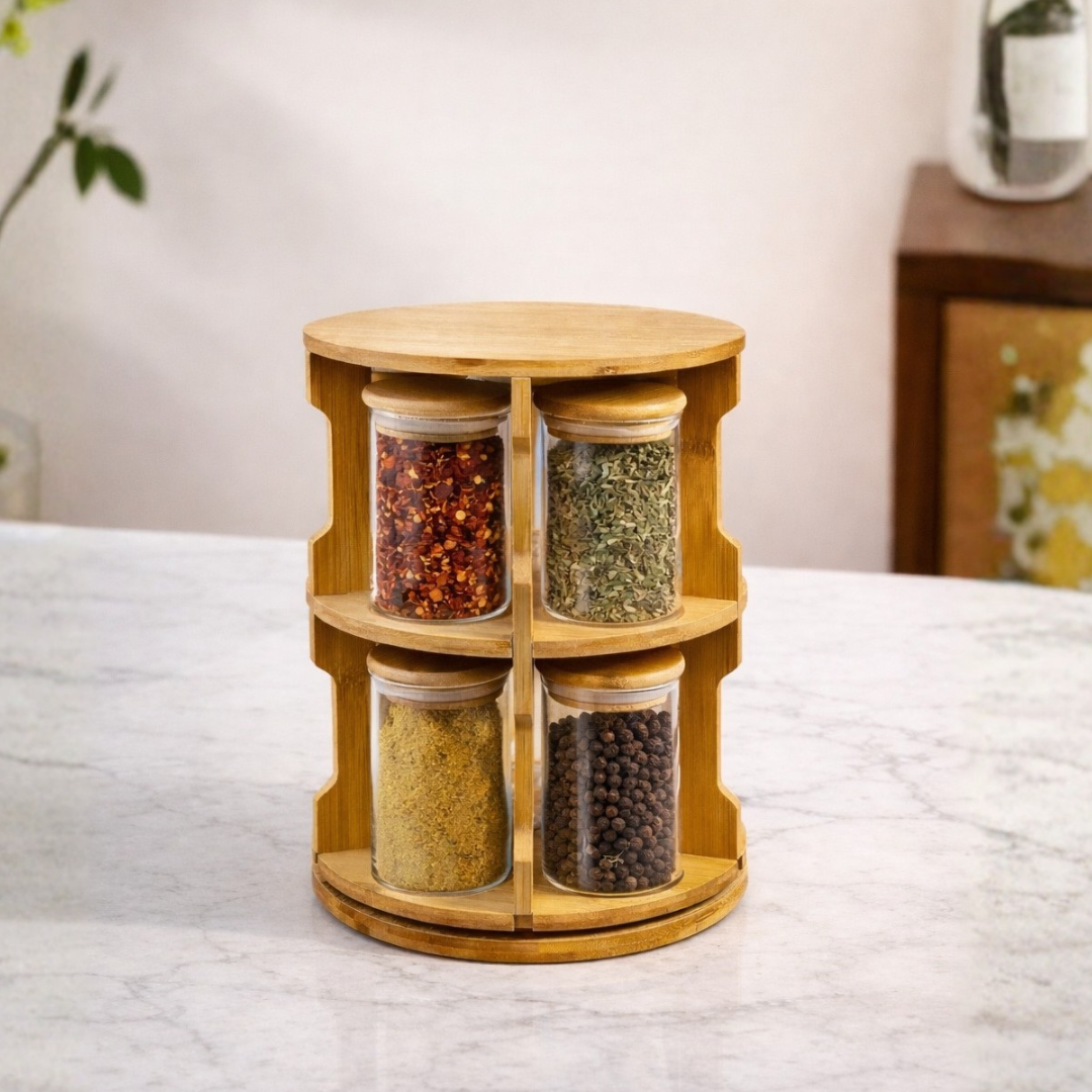Storage Jars with Rotating Bamboo Wood Stand Set of 10