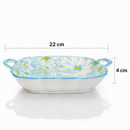 Blue Floral Ceramic Snack & Serving Platter with Handles Set of 2