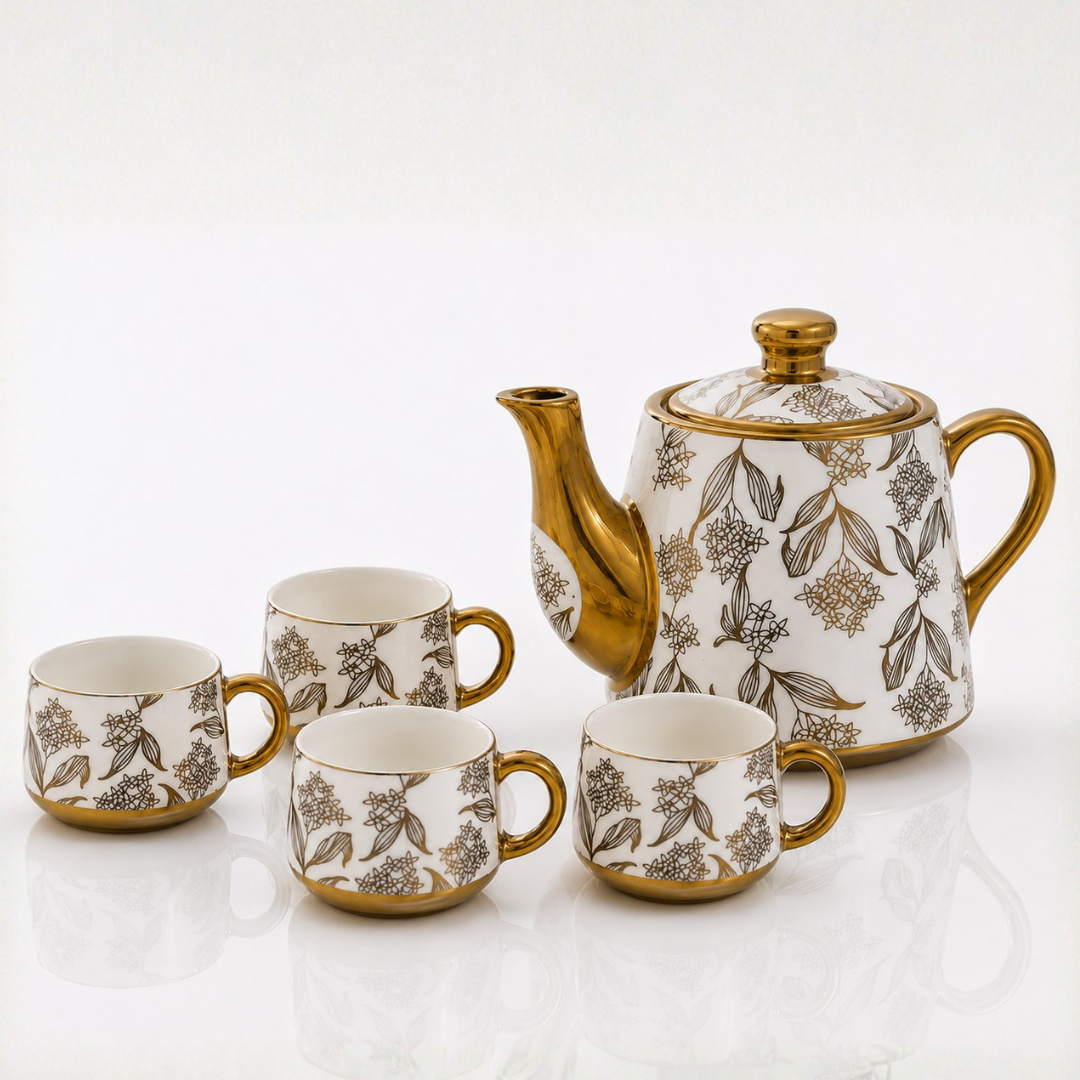 Esprit Gold Handle Ceramic Tea Set — Hand-Painted Floral Kettle & 4 Cups