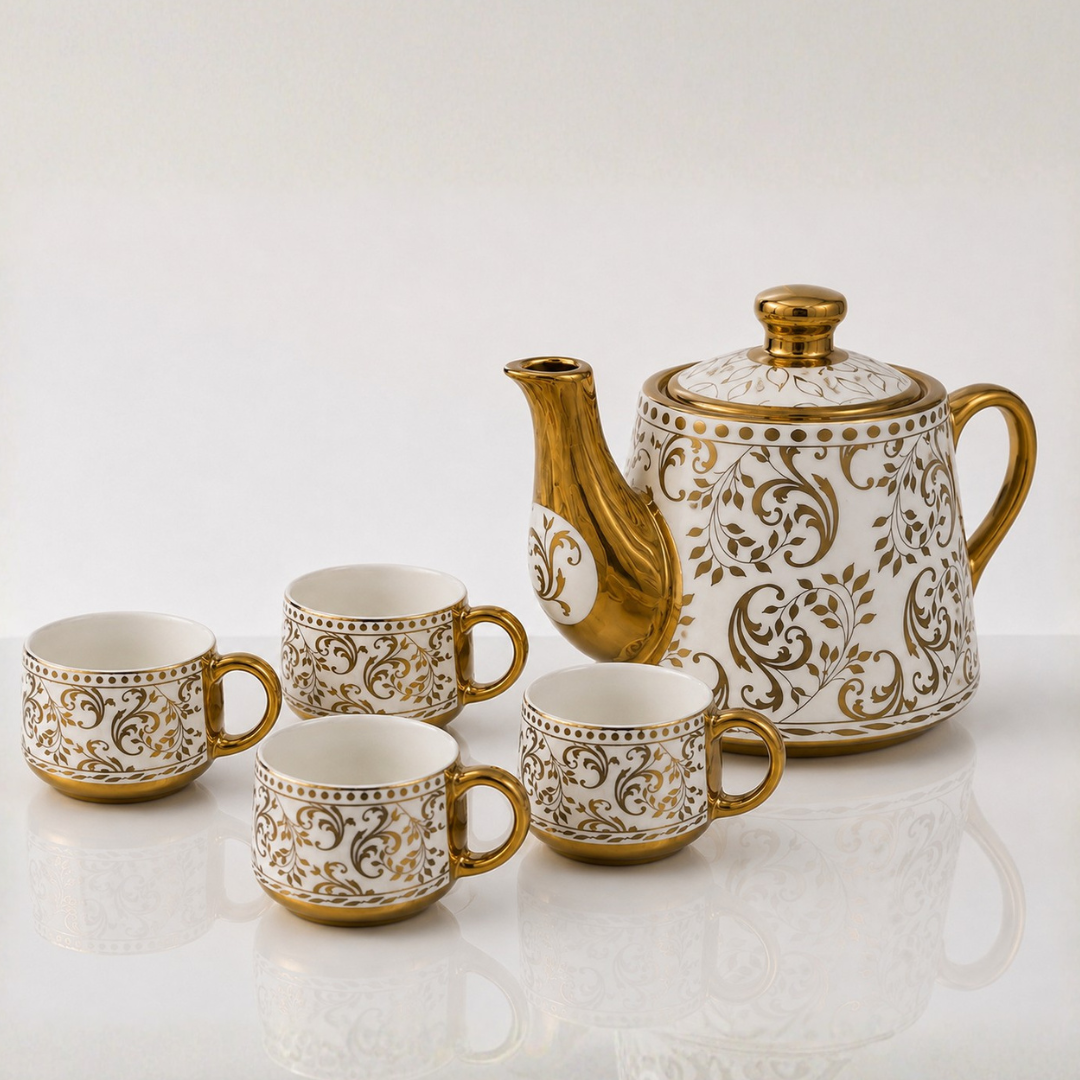 Rivera Gold Handle Ceramic Tea Set — Baroque Scroll Vine Kettle & 4 Cups
