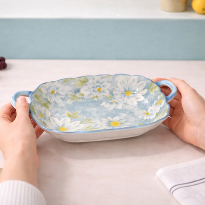 Blue Floral Ceramic Snack & Serving Platter with Handles Set of 2