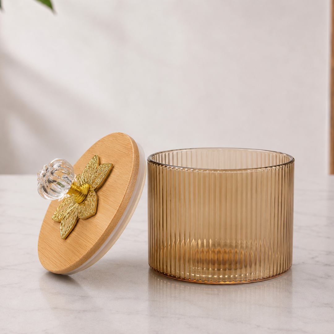 Borosilicate Glass Jar Set of 4 with 360° Revolving Bamboo Tray – Airtight Ribbed Glass Storage Jars, Crystal Knob Lid, 500ml Each