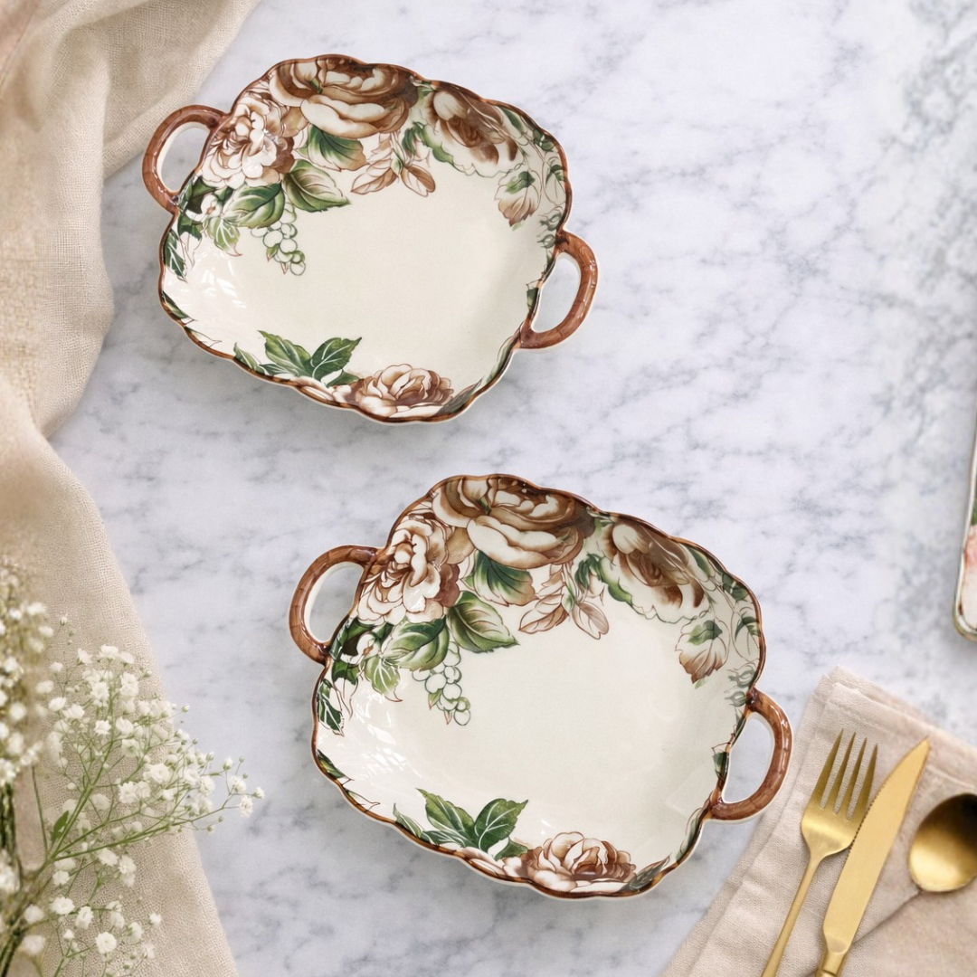 Porcelain Floral Ceramic Snack and Serving Platter with Handles Set of 2
