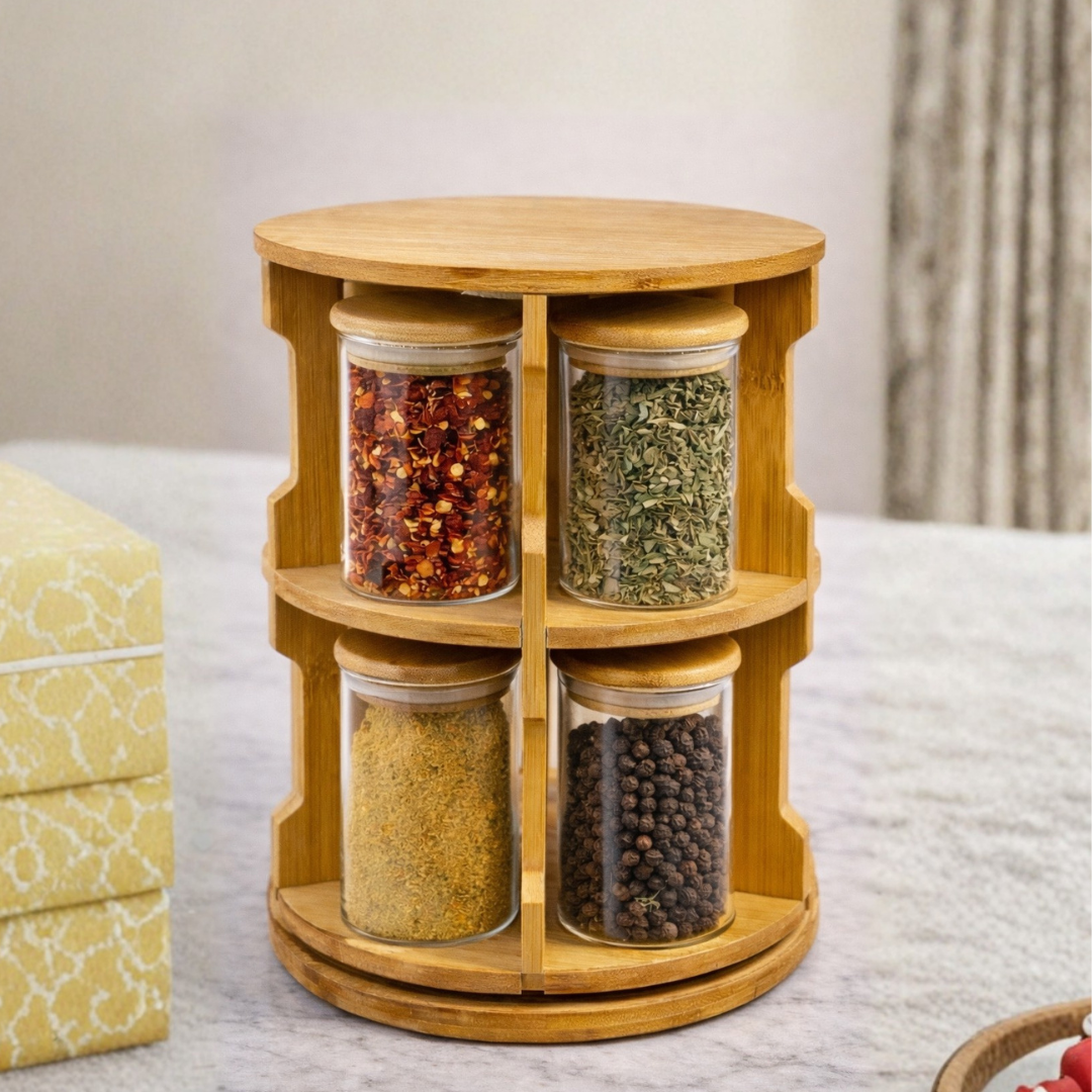 Storage Jars with Rotating Bamboo Wood Stand Set of 10