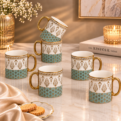 Teal Gold Fleur Mug Set 6 pcs