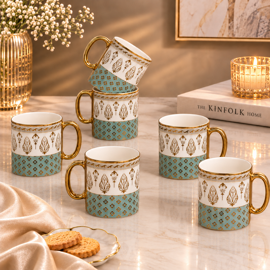 Teal Gold Fleur Mug Set 6 pcs