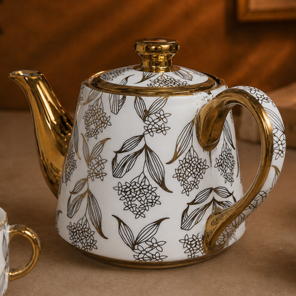 Esprit Gold Handle Ceramic Tea Set — Hand-Painted Floral Kettle & 4 Cups