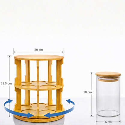 Storage Jars with Rotating Bamboo Wood Stand Set of 10