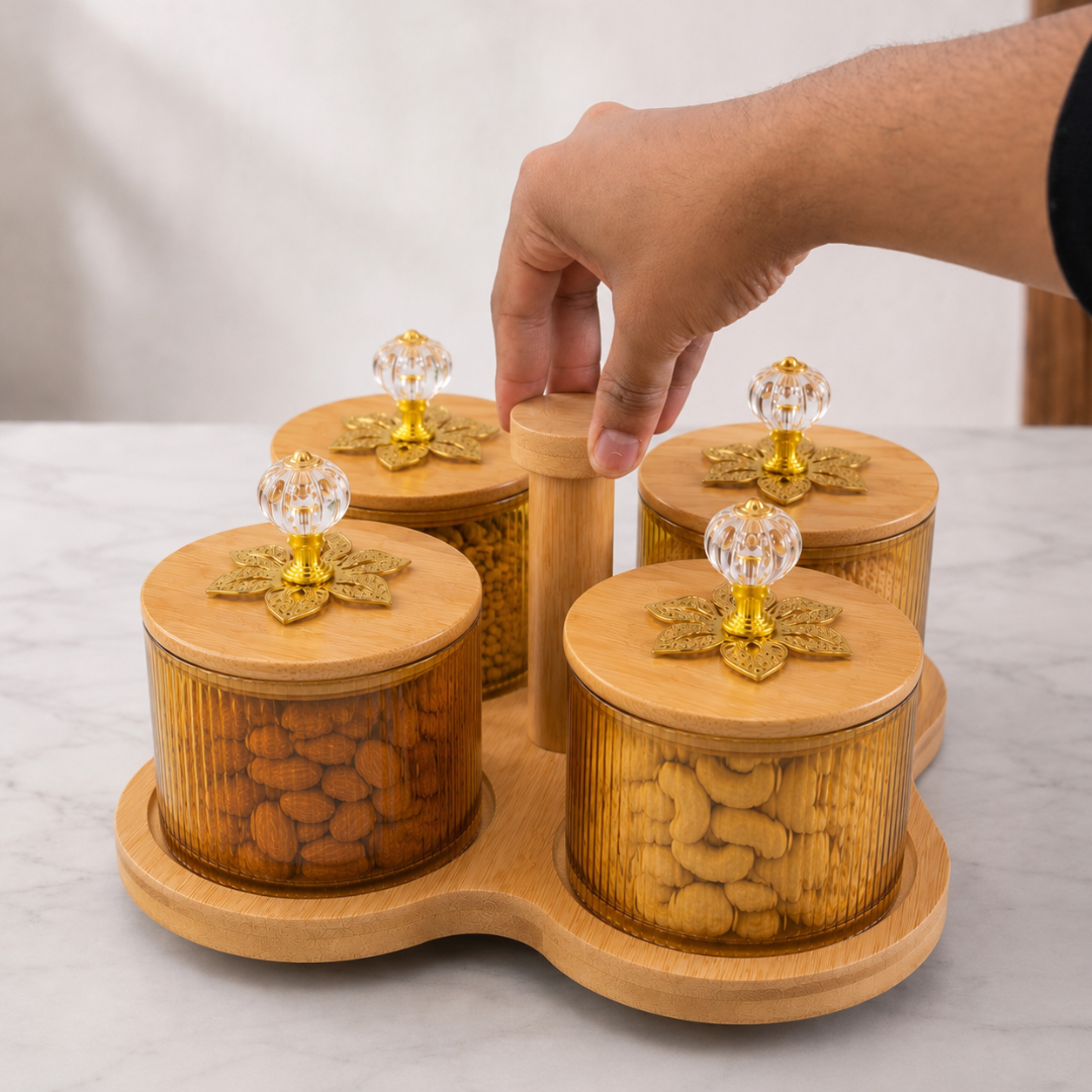 Borosilicate Glass Jar Set of 4 with 360° Revolving Bamboo Tray – Airtight Ribbed Glass Storage Jars, Crystal Knob Lid, 500ml Each