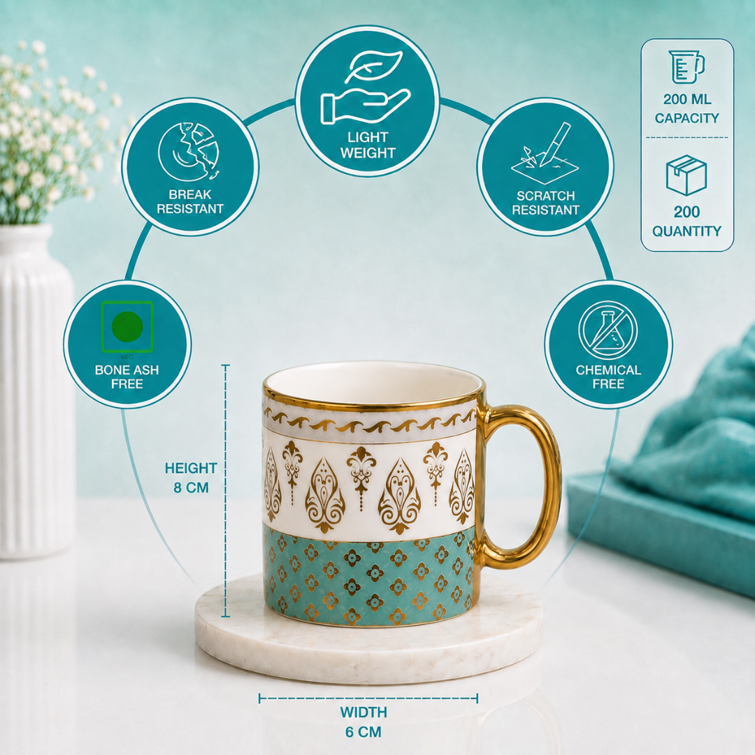 Teal Gold Fleur Mug Set 6 pcs