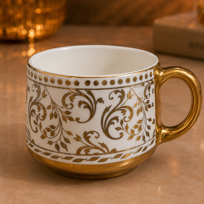 Rivera Gold Handle Ceramic Tea Set — Baroque Scroll Vine Kettle & 4 Cups