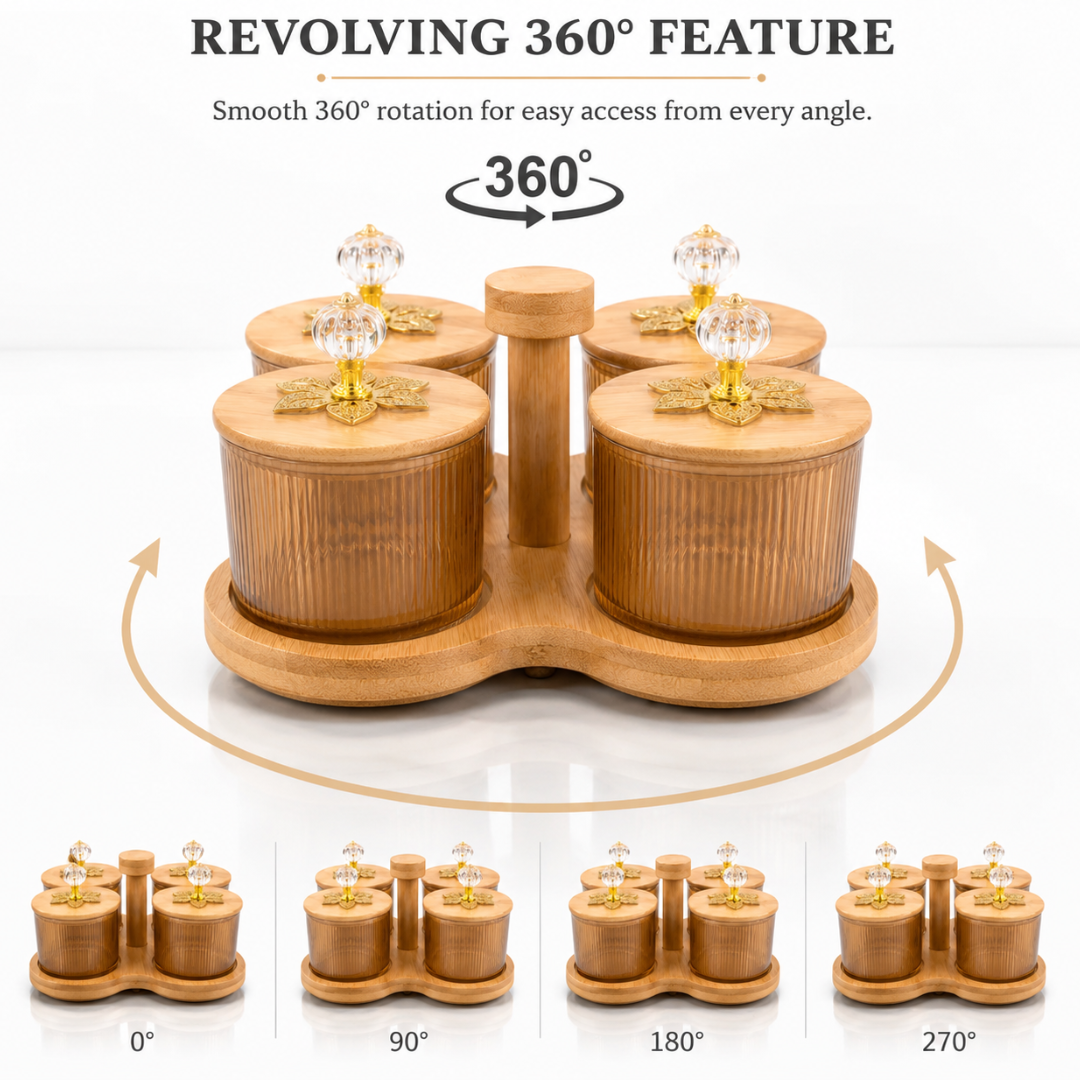 Borosilicate Glass Jar Set of 4 with 360° Revolving Bamboo Tray – Airtight Ribbed Glass Storage Jars, Crystal Knob Lid, 500ml Each