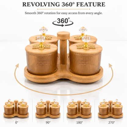 Borosilicate Glass Jar Set of 4 with 360° Revolving Bamboo Tray – Airtight Ribbed Glass Storage Jars, Crystal Knob Lid, 500ml Each
