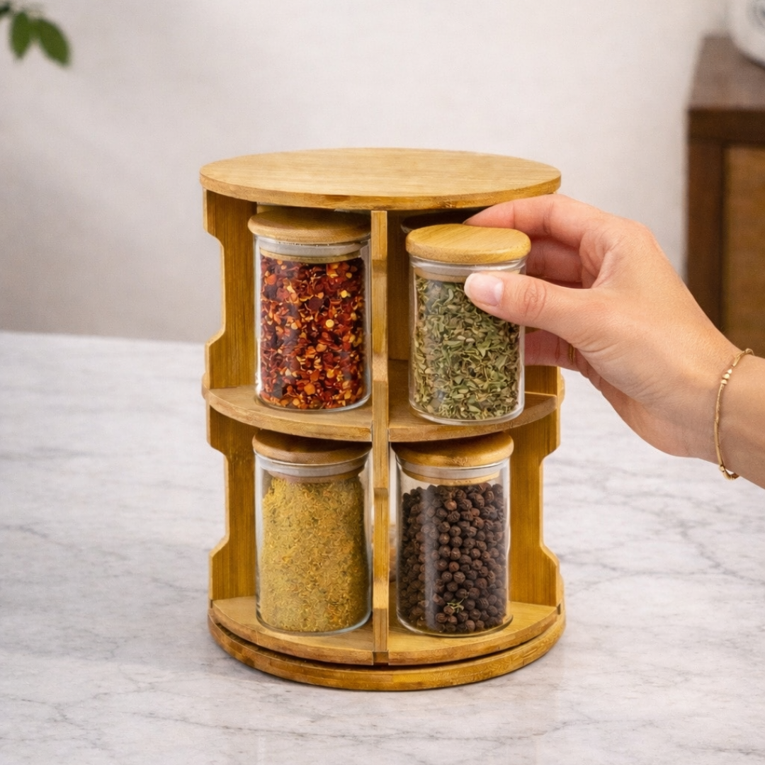 Storage Jars with Rotating Bamboo Wood Stand Set of 10