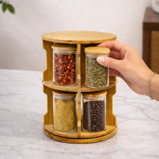 Storage Jars with Rotating Bamboo Wood Stand Set of 10