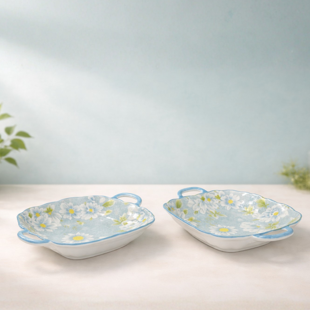 Blue Floral Ceramic Snack & Serving Platter with Handles Set of 2