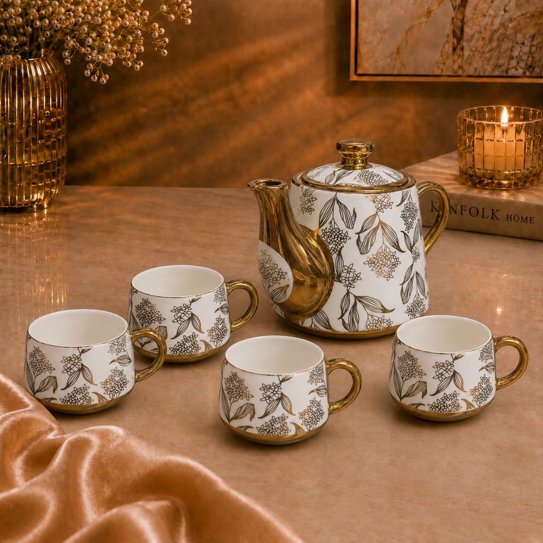 Esprit Gold Handle Ceramic Tea Set — Hand-Painted Floral Kettle & 4 Cups