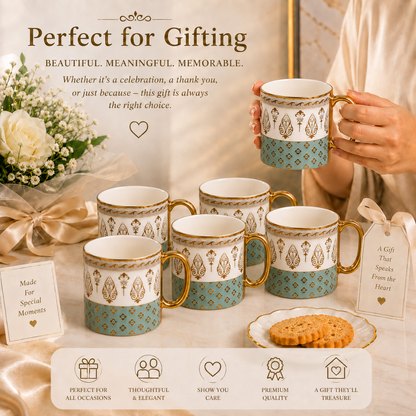 Teal Gold Fleur Mug Set 6 pcs