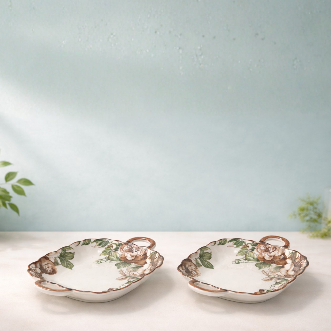 Porcelain Floral Ceramic Snack and Serving Platter with Handles Set of 2