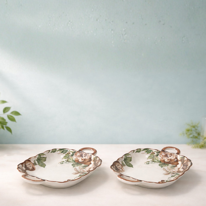 Porcelain Floral Ceramic Snack and Serving Platter with Handles Set of 2