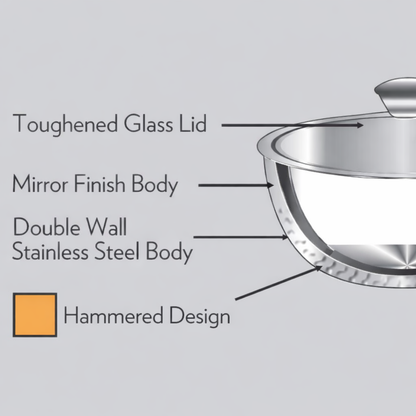Hammered Stainless Steel Serving Bowl Set of 3 — 500ml, Medium & 1500ml | Toughened Glass Lid with Golden Knob | Double Wall Mirror Finish | Premium Indian Dining Serveware