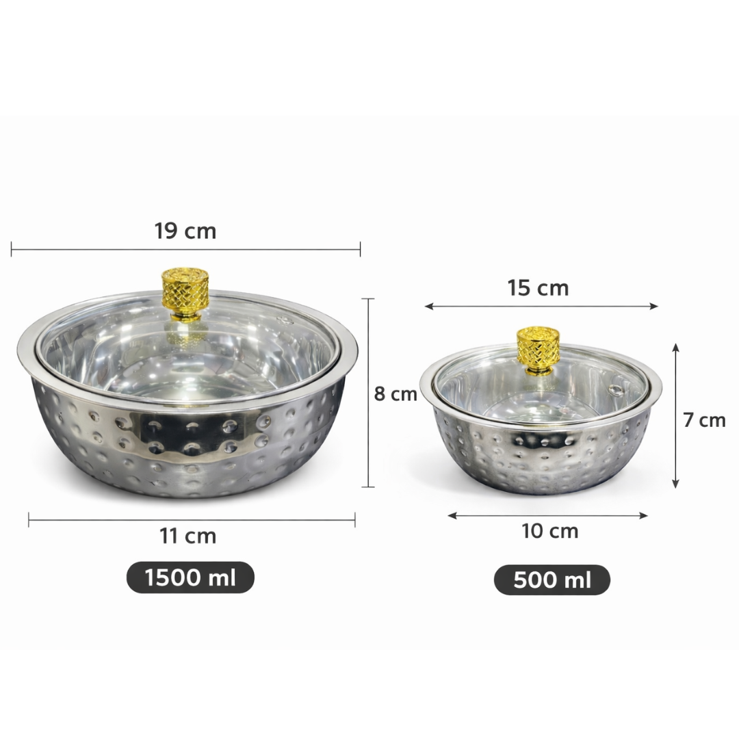 Hammered Stainless Steel Serving Bowl Set of 3 — 500ml, Medium & 1500ml | Toughened Glass Lid with Golden Knob | Double Wall Mirror Finish | Premium Indian Dining Serveware