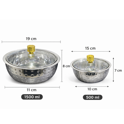 Hammered Stainless Steel Serving Bowl Set of 3 — 500ml, Medium & 1500ml | Toughened Glass Lid with Golden Knob | Double Wall Mirror Finish | Premium Indian Dining Serveware