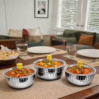 Hammered Stainless Steel Serving Bowl Set of 3 — 500ml, Medium & 1500ml | Toughened Glass Lid with Golden Knob | Double Wall Mirror Finish | Premium Indian Dining Serveware