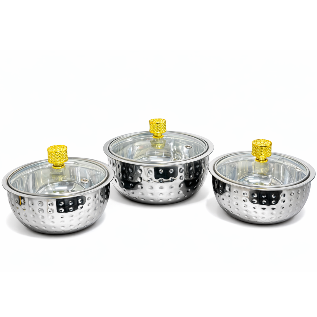Hammered Stainless Steel Serving Bowl Set of 3 — 500ml, Medium & 1500ml | Toughened Glass Lid with Golden Knob | Double Wall Mirror Finish | Premium Indian Dining Serveware