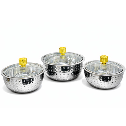 Hammered Stainless Steel Serving Bowl Set of 3 — 500ml, Medium & 1500ml | Toughened Glass Lid with Golden Knob | Double Wall Mirror Finish | Premium Indian Dining Serveware