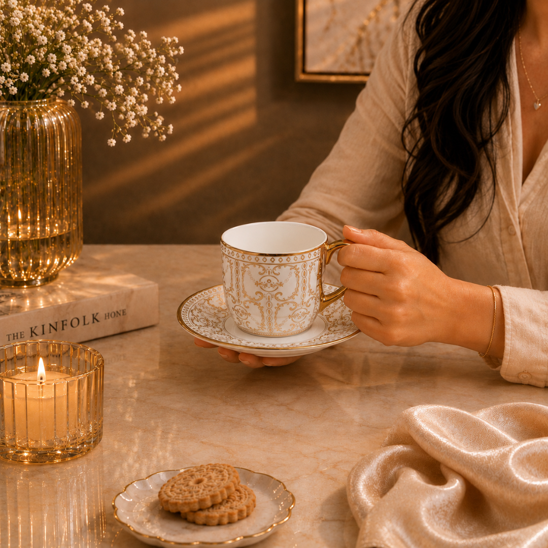 Rivera Gold Rim Tea Cup & Saucer Set of 6
