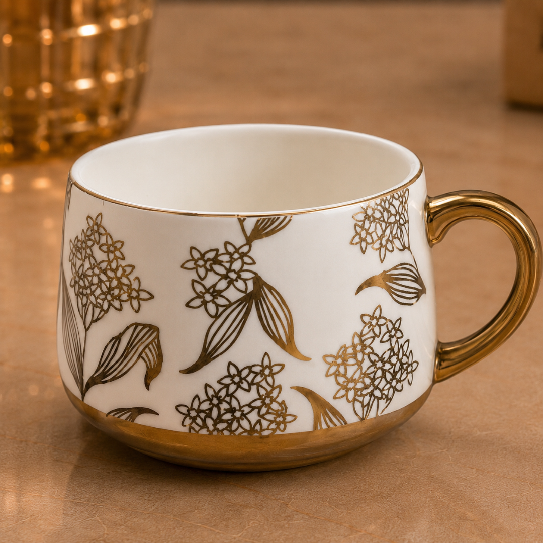 Esprit Gold Handle Ceramic Tea Set — Hand-Painted Floral Kettle & 4 Cups