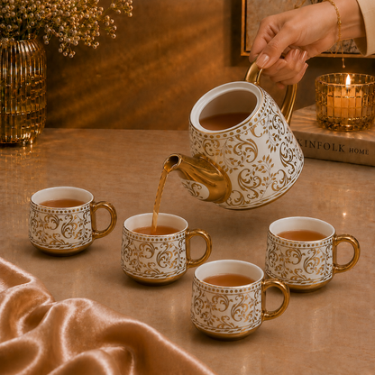 Rivera Gold Handle Ceramic Tea Set — Baroque Scroll Vine Kettle & 4 Cups