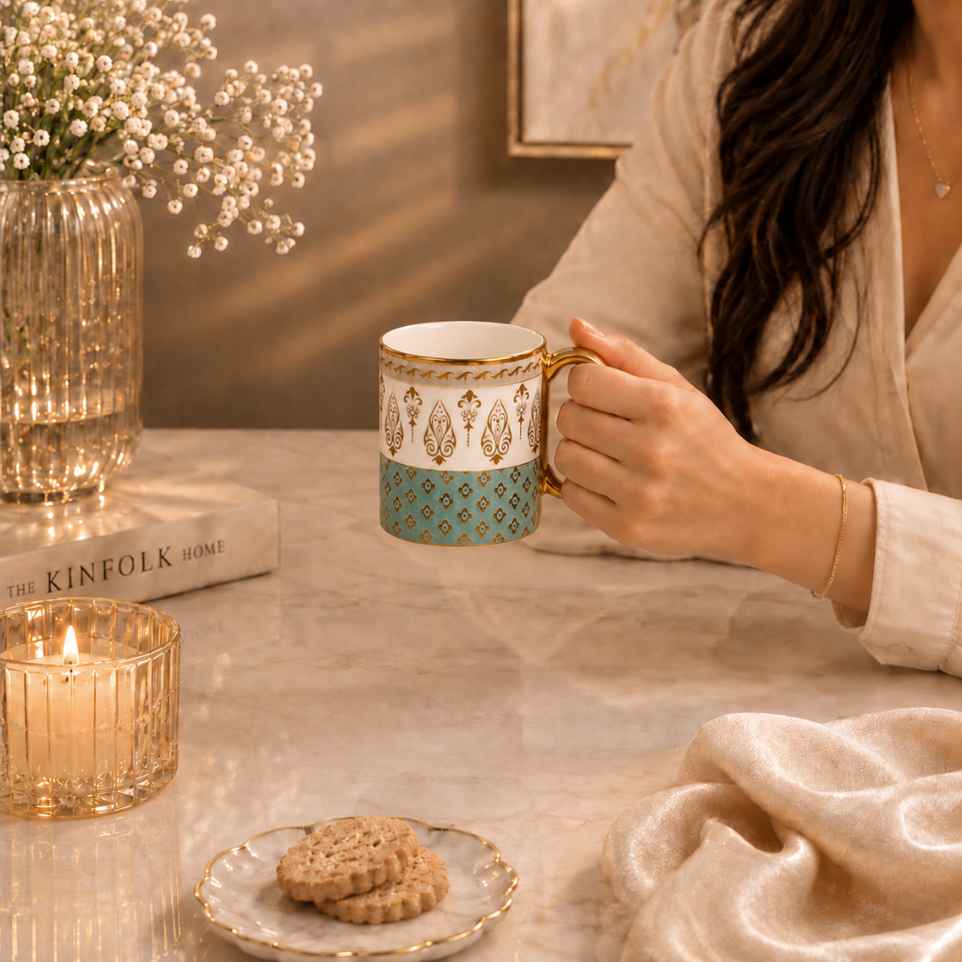 Teal Gold Fleur Mug Set 6 pcs
