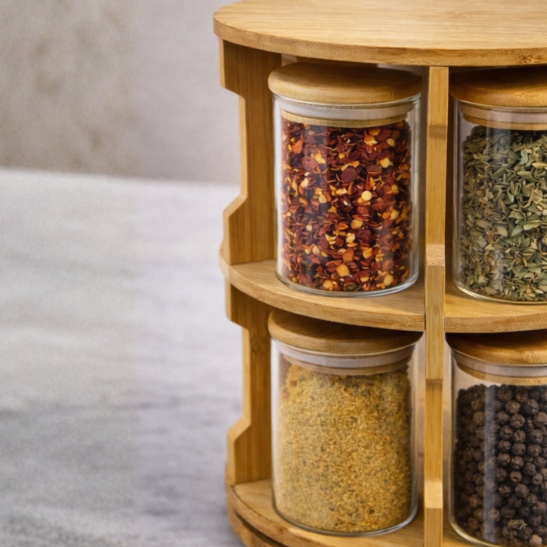 Storage Jars with Rotating Bamboo Wood Stand Set of 10