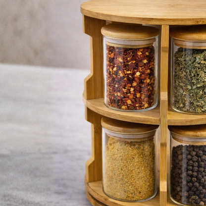 Storage Jars with Rotating Bamboo Wood Stand Set of 10