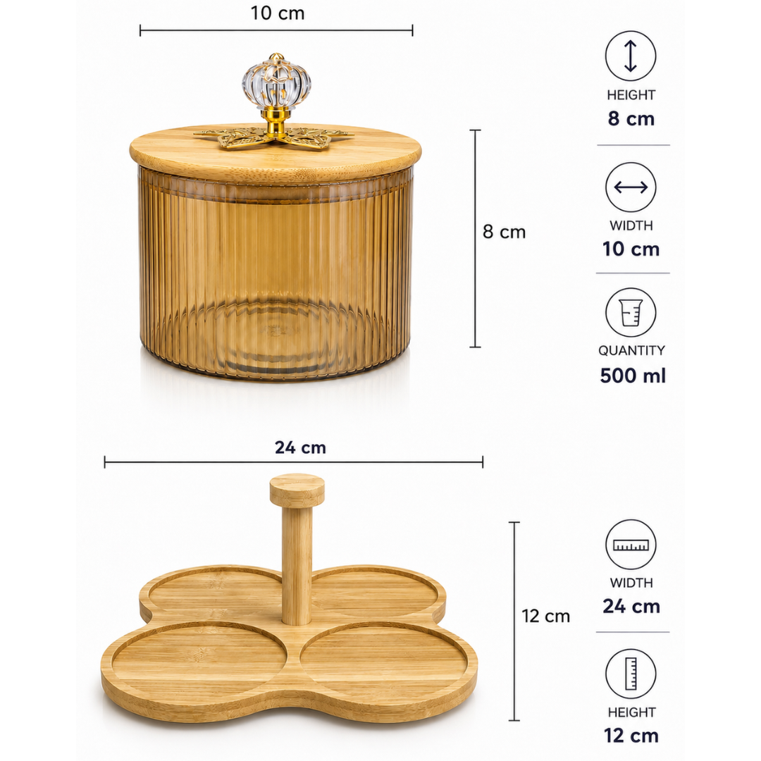 Borosilicate Glass Jar Set of 4 with 360° Revolving Bamboo Tray – Airtight Ribbed Glass Storage Jars, Crystal Knob Lid, 500ml Each