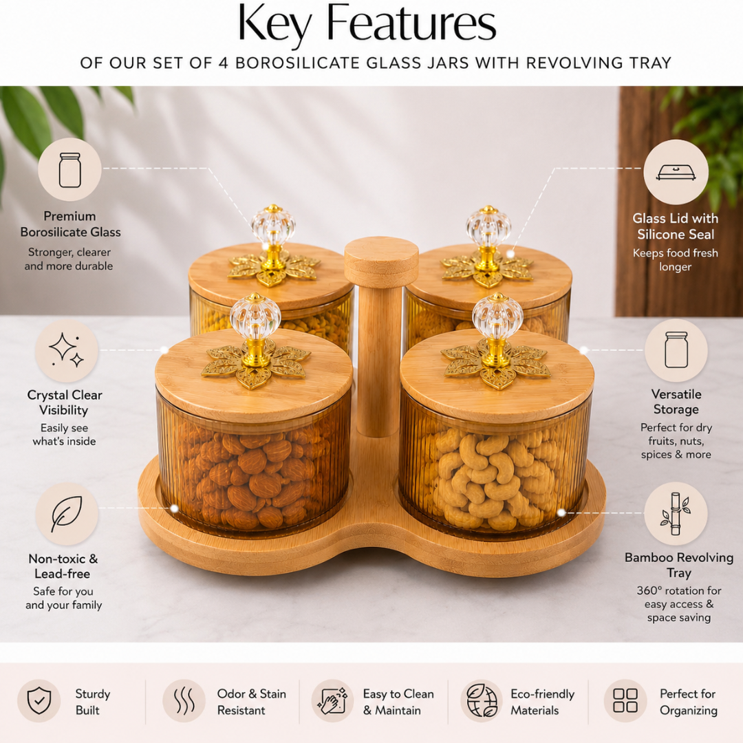 Borosilicate Glass Jar Set of 4 with 360° Revolving Bamboo Tray – Airtight Ribbed Glass Storage Jars, Crystal Knob Lid, 500ml Each