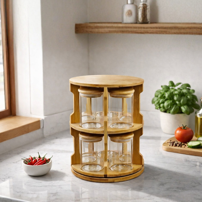 Storage Jars with Rotating Bamboo Wood Stand Set of 10