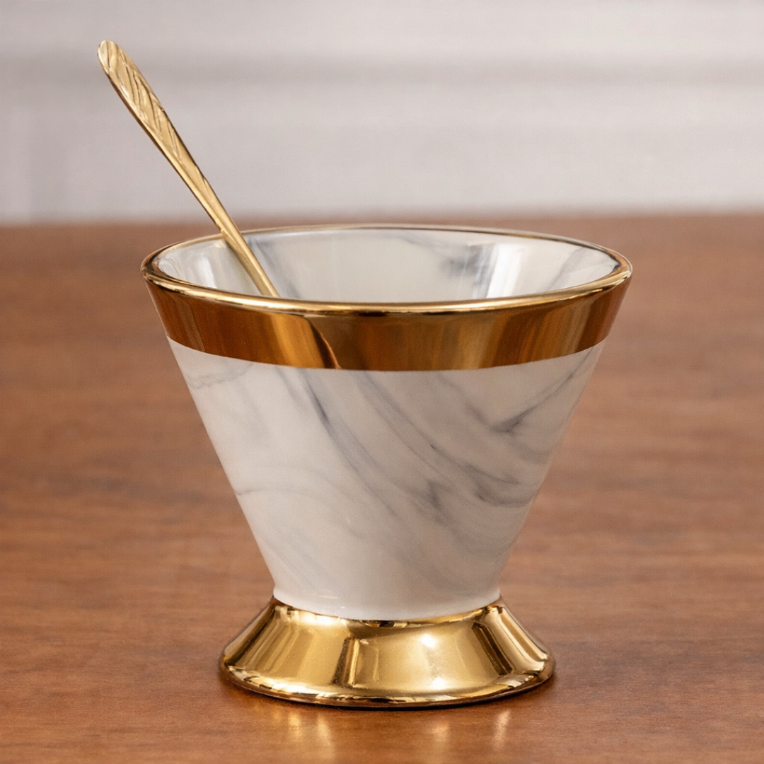 Marble Ceramic Ice Cream Cup Set of 6 with Gold Spoons — 120ml | Gold-Plated Rim & Footed Base | Luxury Dessert Bowl Set for Gifting
