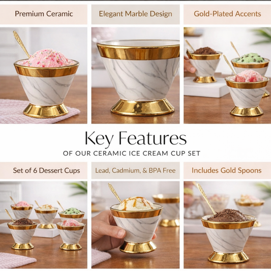 Marble Ceramic Ice Cream Cup Set of 6 with Gold Spoons — 120ml | Gold-Plated Rim & Footed Base | Luxury Dessert Bowl Set for Gifting