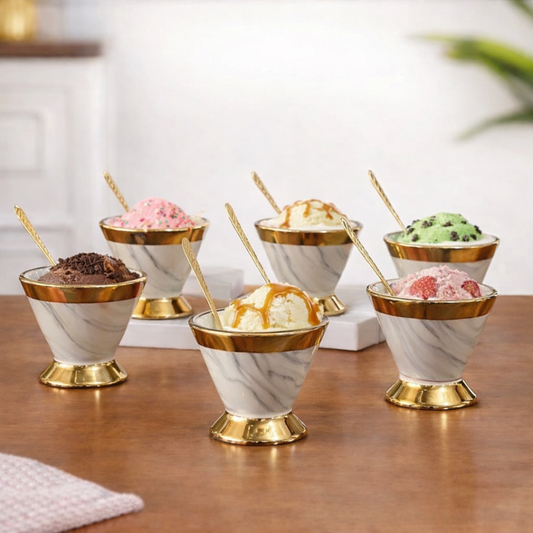 Marble Ceramic Ice Cream Cup Set of 6 with Gold Spoons — 120ml | Gold-Plated Rim & Footed Base | Luxury Dessert Bowl Set for Gifting