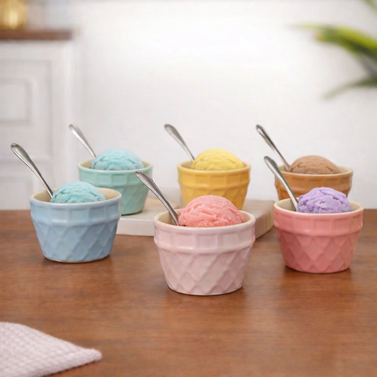 Pastel Ceramic Ice Cream Cup Set of 6 with Steel Spoons — 100ml | Embossed Cone Design | Food Safe Dessert Bowl Set