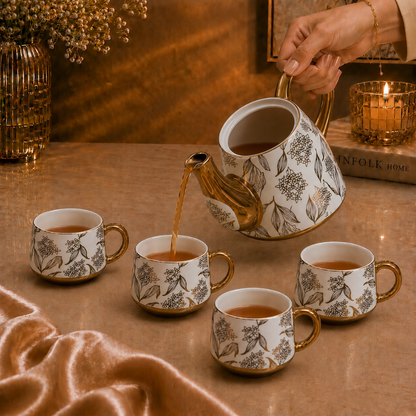 Esprit Gold Handle Ceramic Tea Set — Hand-Painted Floral Kettle & 4 Cups