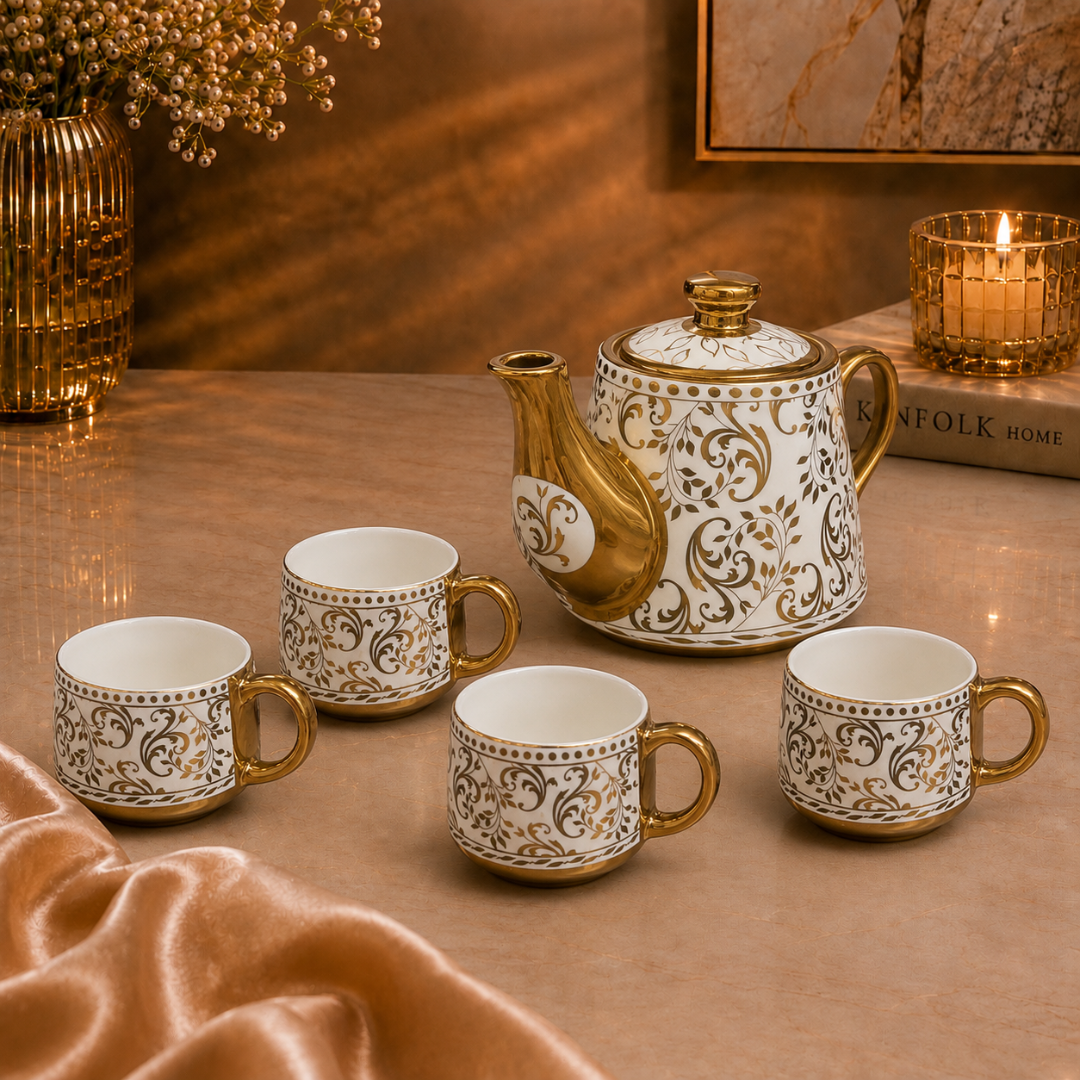 Rivera Gold Handle Ceramic Tea Set — Baroque Scroll Vine Kettle & 4 Cups